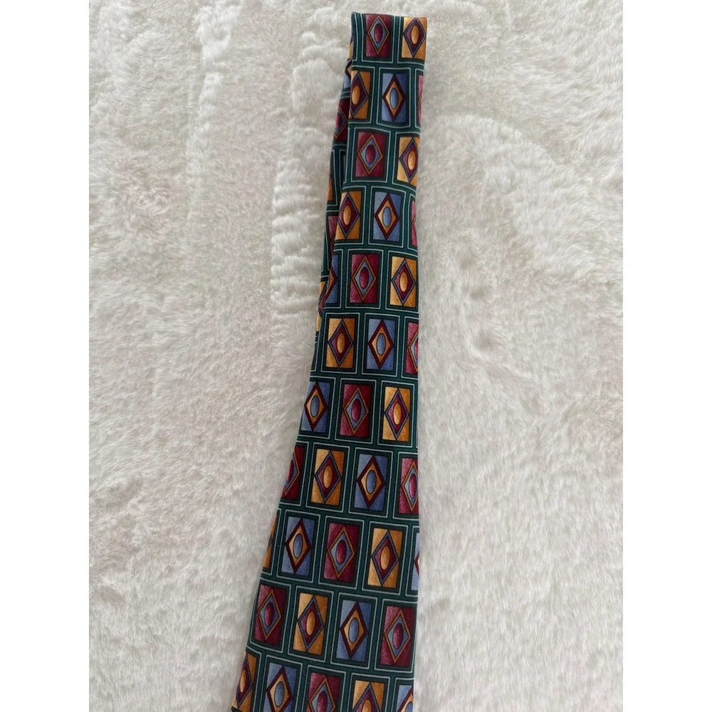 Bardelli Roma Italy Silk Tie‎ Geometric Diamond Teal Gold Burgundy Handmade Men